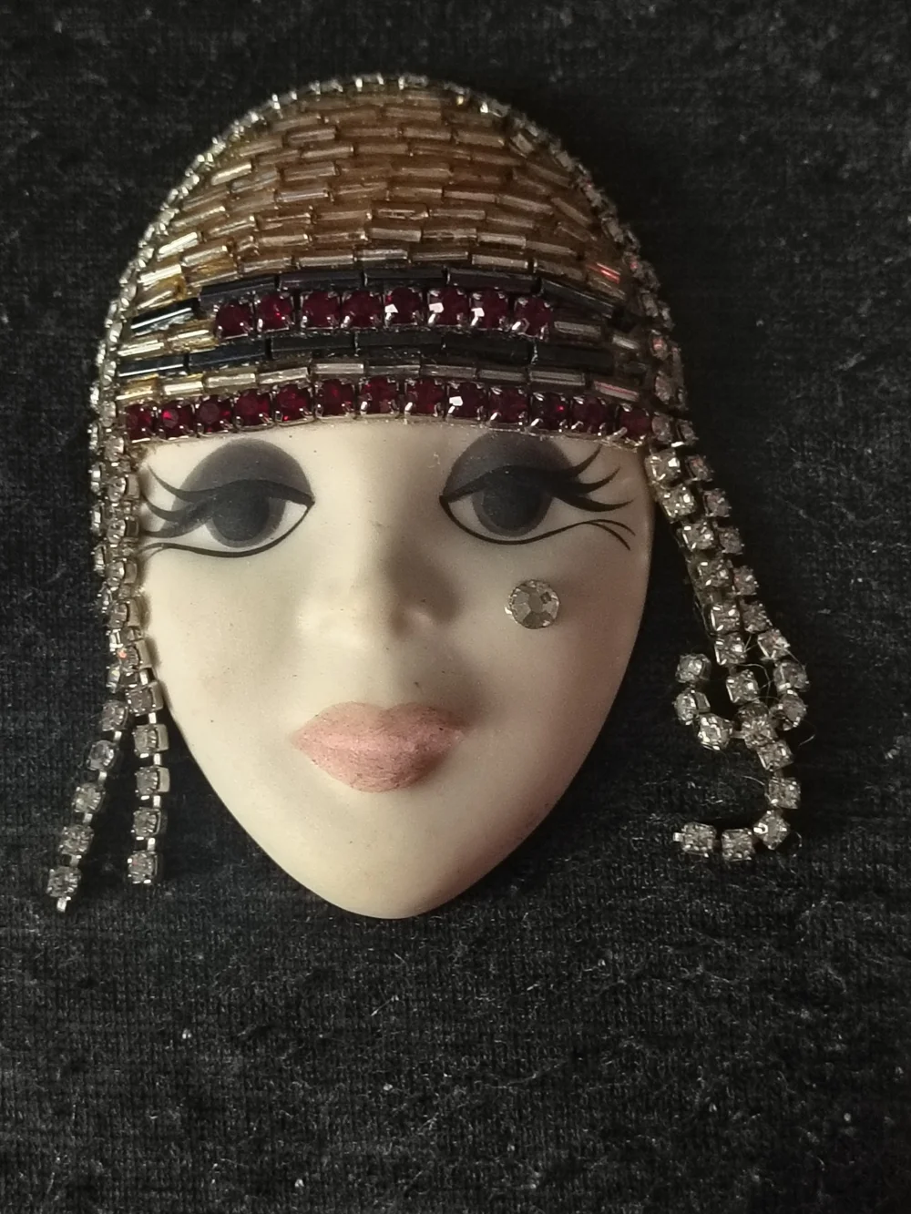 Vintage Rhinestone Flapper Face Brooch Vintage BEATRIZ Signed SWAROVSKI Crystal